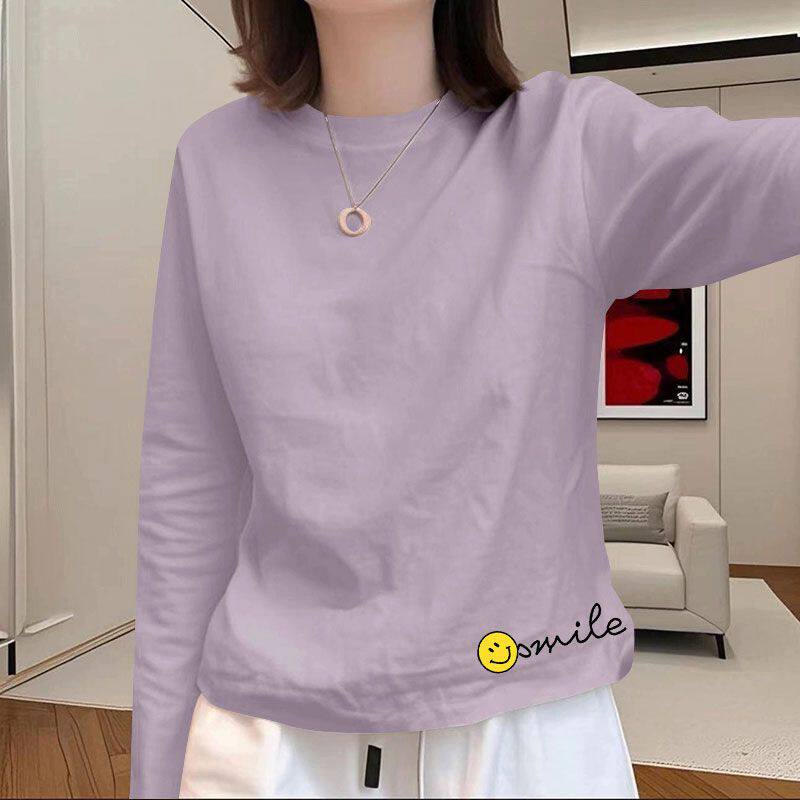 时尚纯棉大码长袖t恤女秋冬款洋气通勤百搭休闲简约内搭上衣女ins