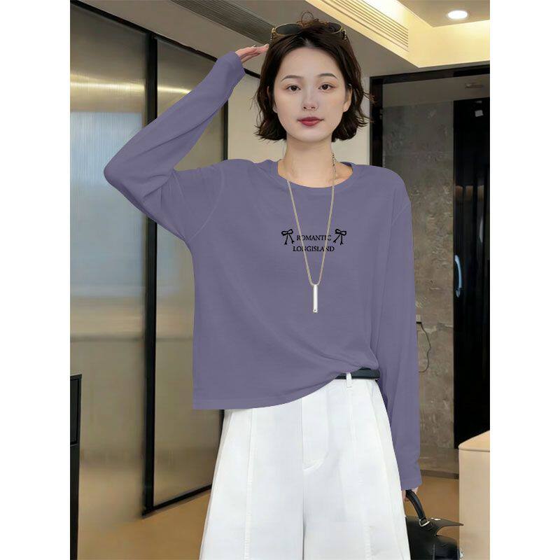 100纯棉圆领长袖t恤女春秋季潮流爆款显瘦大码气质打底衫女士上衣