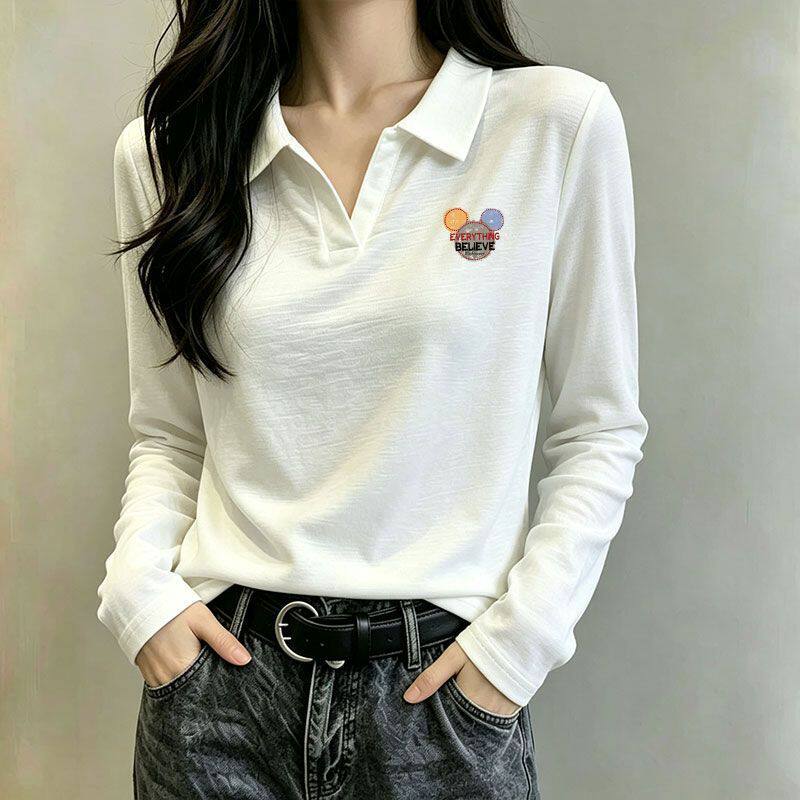 竹节棉Polo领长袖T恤女大码