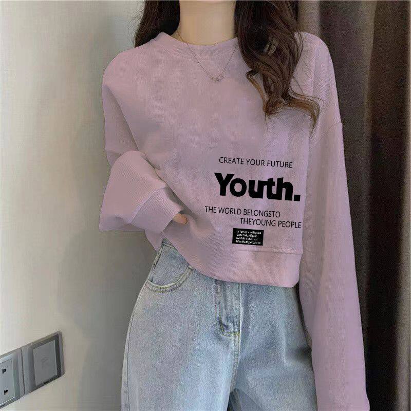 秋冬季纯棉宽松短款卫衣女时尚百搭韩版显瘦圆领小个子印花上衣女