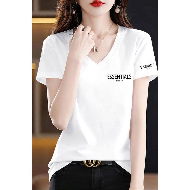 夏季时尚纯棉v领短袖t恤女洋气休闲百搭显瘦简约半袖上衣女ins潮