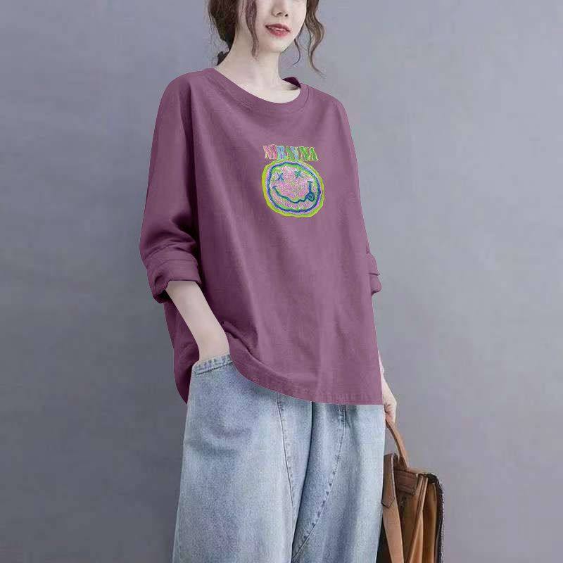 春秋季纯棉t恤女士打底衫潮流百搭休闲圆领大码ins印花长袖上衣女