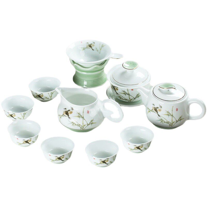 金镶玉荷功夫茶具装白瓷泡茶茶杯盖碗茶壶青瓷描金釉下彩
