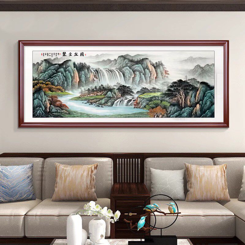 聚宝盆山水画客厅挂画靠山图新沙发背景墙装饰画西墙聚财壁画