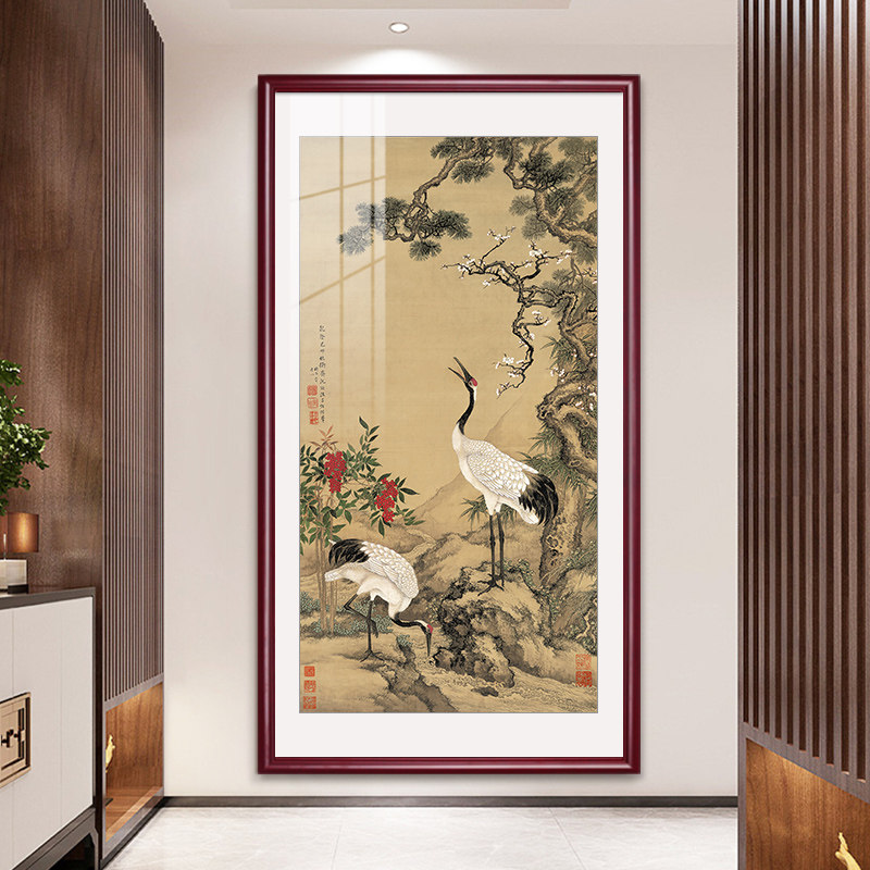 入户玄关画松鹤延年挂画新客厅装饰画走道壁画仙鹤寿桃图