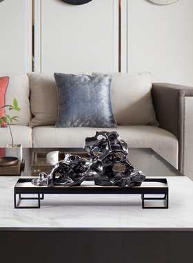 新中式黑色陶瓷太湖石假山客厅书房茶艺室茶柜博古架玄关装饰摆件