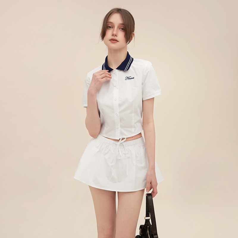NNOVA学院风短袖拼接衬衫抽绳半裙女夏季显瘦套装