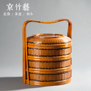 纯手工竹编圆形三层手提家用竹篮子食盒礼品月饼野餐复古篮子餐具