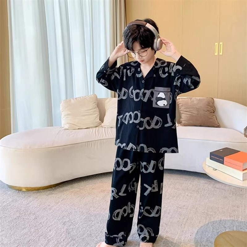 秋季新款衬衫领长袖男童睡衣套装居家男儿童空调服中大童家居服