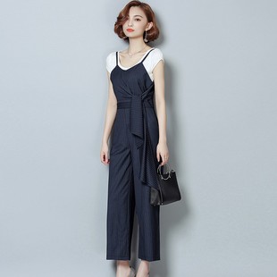 女2021春季 修身 吊带休闲裤 套装 显瘦高腰 背带九分阔腿裤 条纹连体裤