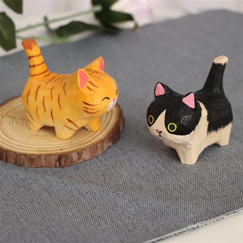 手工木雕大猫桌面摆件木质雕刻工艺品呆萌猫咪萌宠解压礼品日式