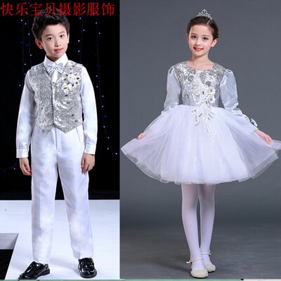 儿童演出服女童长袖公主裙白色纱裙礼服幼儿蓬蓬裙合唱服表演服装