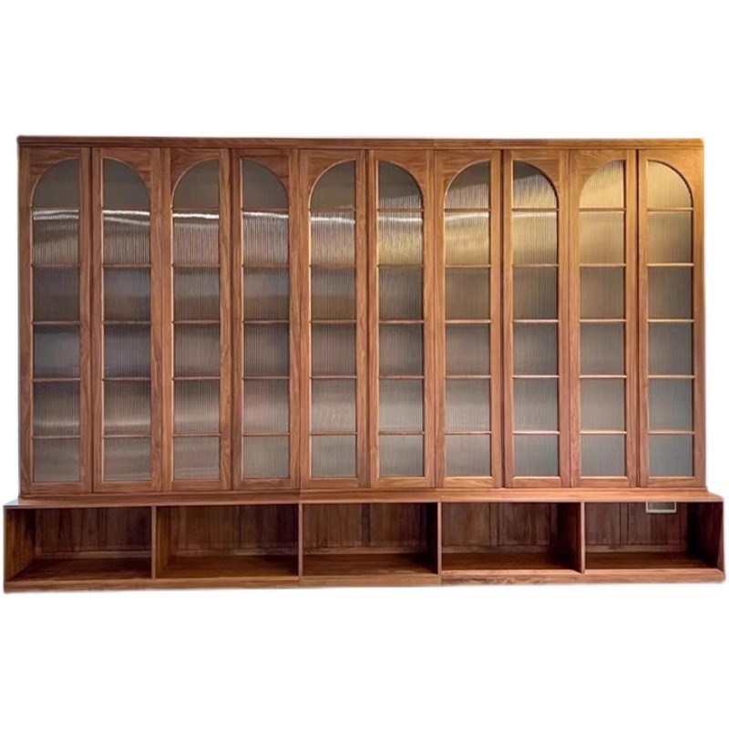 日式北美书柜一体到顶黑胡桃木储物一体柜客厅书房书架满墙卡座柜