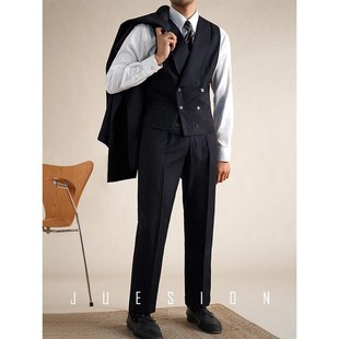 修身 JUESION 马甲男士 条纹双排扣青果领西装 商务宴会礼服马夹 意式