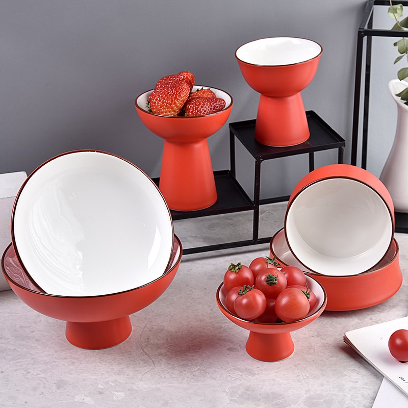 印象品瓷 中国红陶瓷高脚果盘酒店餐厅创意餐具点心碟明档菜碗碟