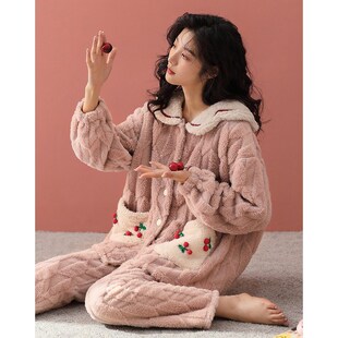 女士睡衣冬季珊瑚绒加厚保暖甜美可爱毛绒家居服冬天少女粉色套装