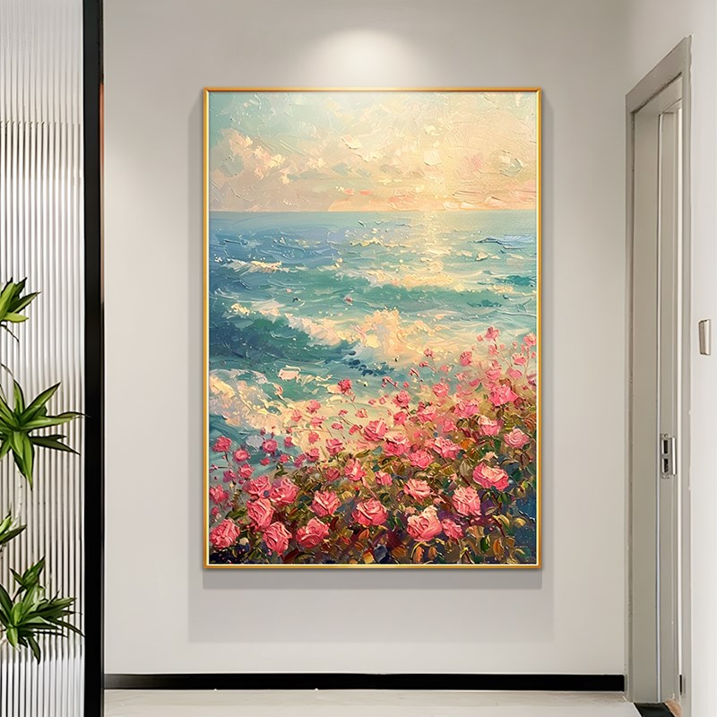 花卉入户玄关装饰画大芬村油画客厅挂画竖版手绘风景走廊过道壁画图片