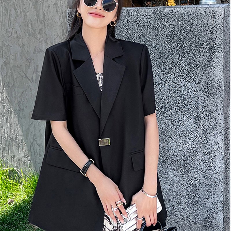 薄款西服外套女2024年新款大码夏季正肩短袖OL职业中长款缎面西装