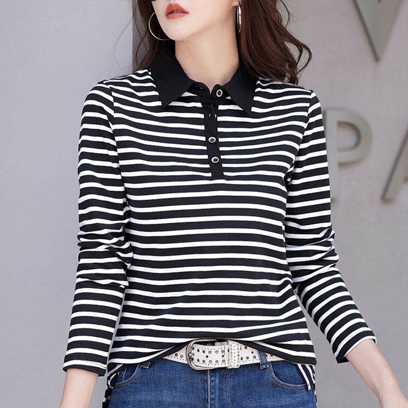 纯棉条纹翻领长袖t恤女宽松纽扣带领打底衫气质polo领秋季上衣服