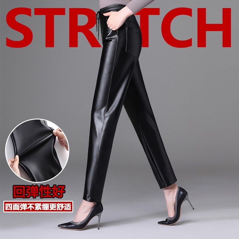 秋冬中老年妈妈宽松女皮裤外穿高腰加大码直筒PU加绒护膝冬季保暖