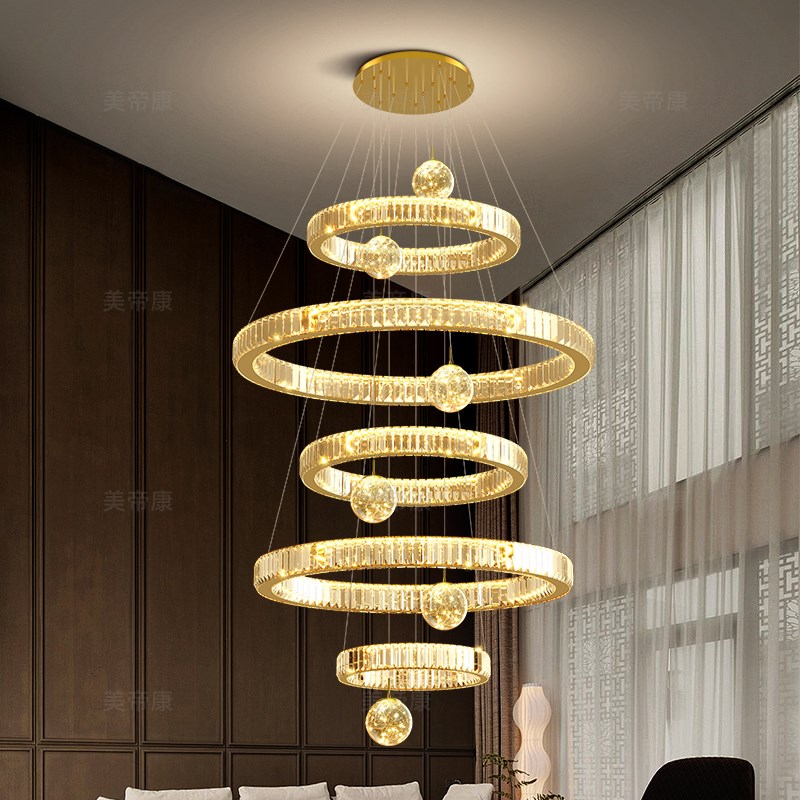 复式楼大吊灯22年新款满天星水晶长吊灯自建房别墅挑空客厅吊灯