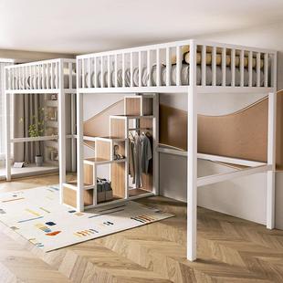 阁楼床复式二楼铁艺高架床单上层上铺悬空床家用上床下桌组合床架