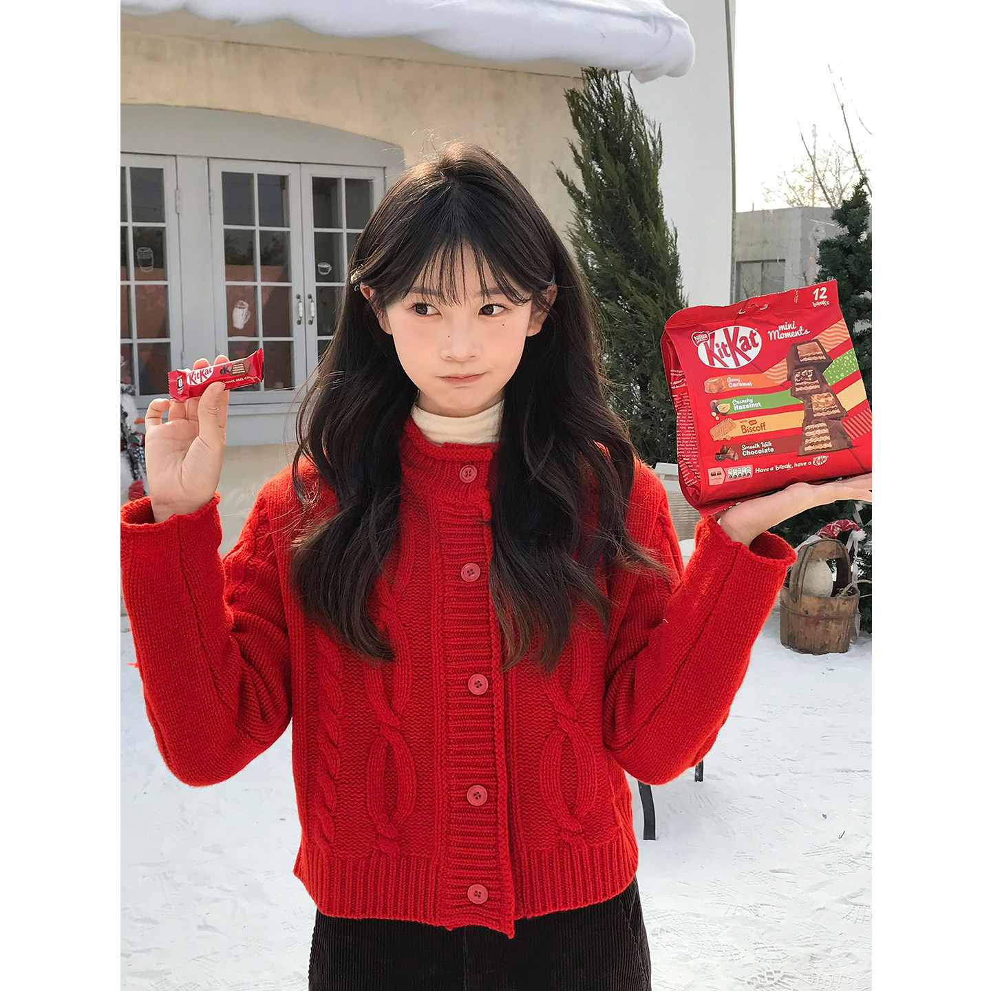 氛围感红色麻花圆领毛衣外套女春季新款气质高级感长袖针织衫上衣