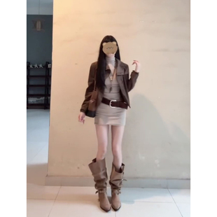 复古咖色短款 V领针织连衣裙两件套 夹克外套上衣女秋冬氛围感长袖