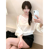 韩系优雅名媛风设计感露肩系带衬衣女2026新款 高级感宽松百搭上衣