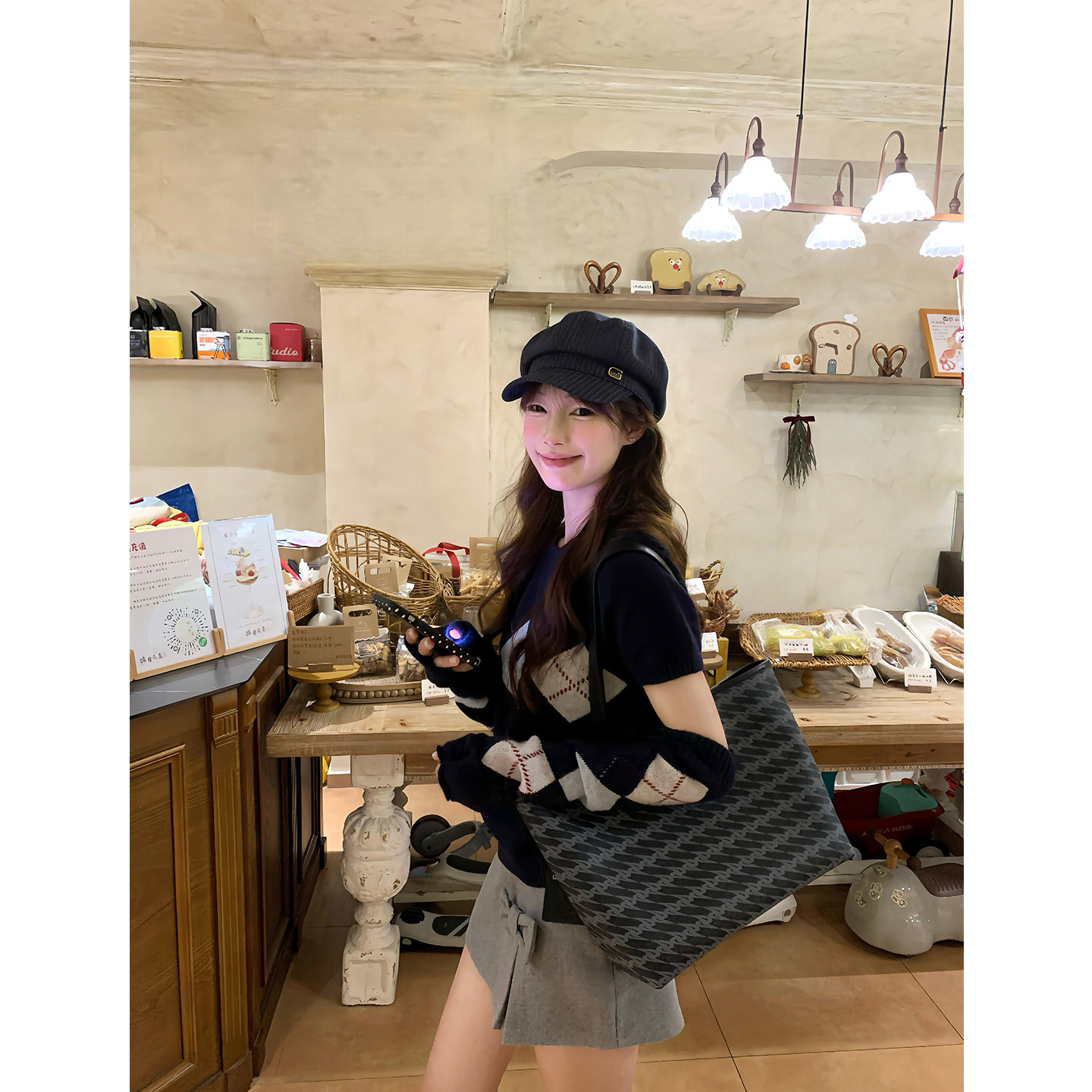 韩系撞色菱格带袖套针织衫上衣女春季新款高腰显瘦半身裙两件套装,女装/女士精品,时尚套装,淘宝优惠券,粉丝福利购,淘宝优惠卷