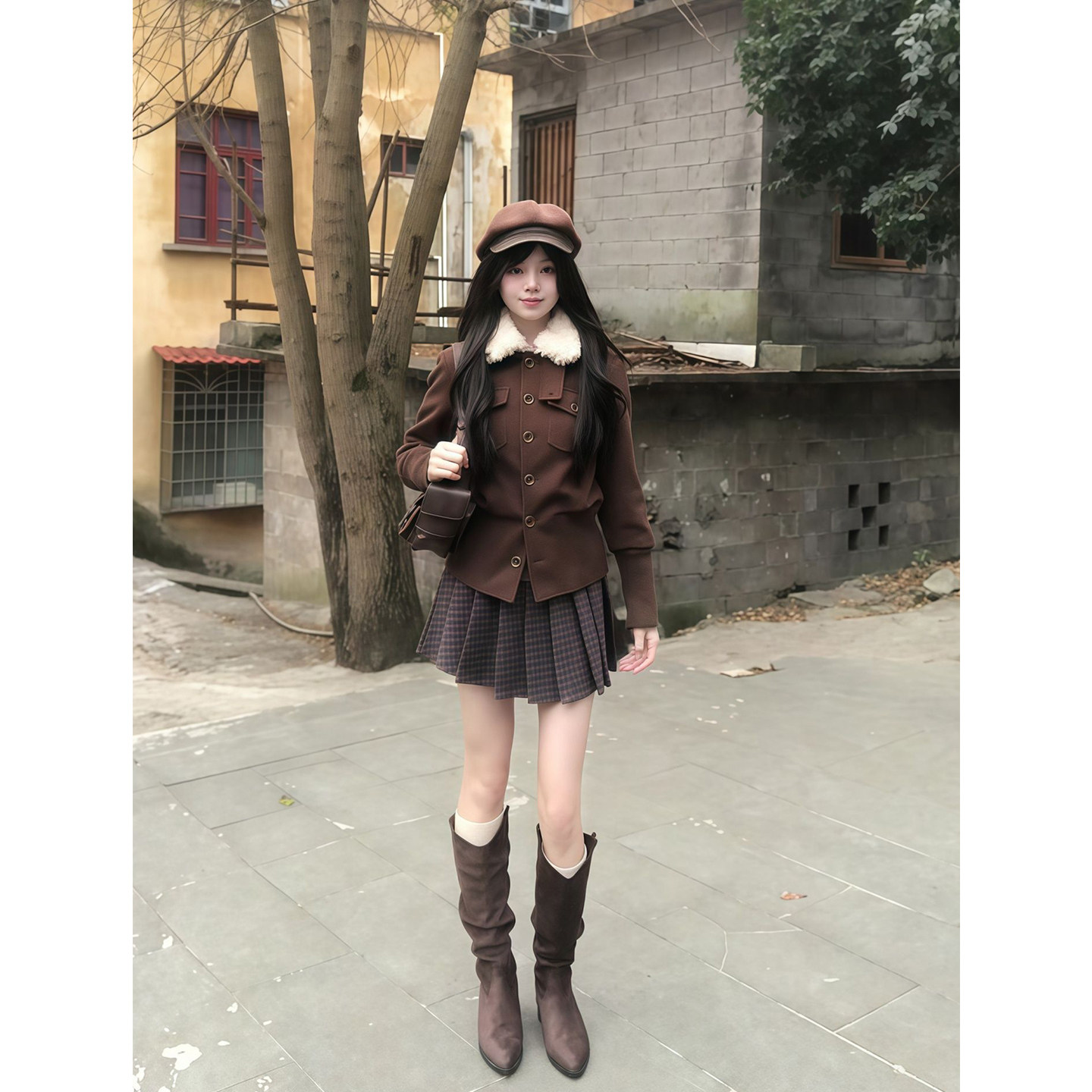 甜美风咖色毛毛翻领短款毛呢外套女复古高级感显瘦百褶短裙子套装