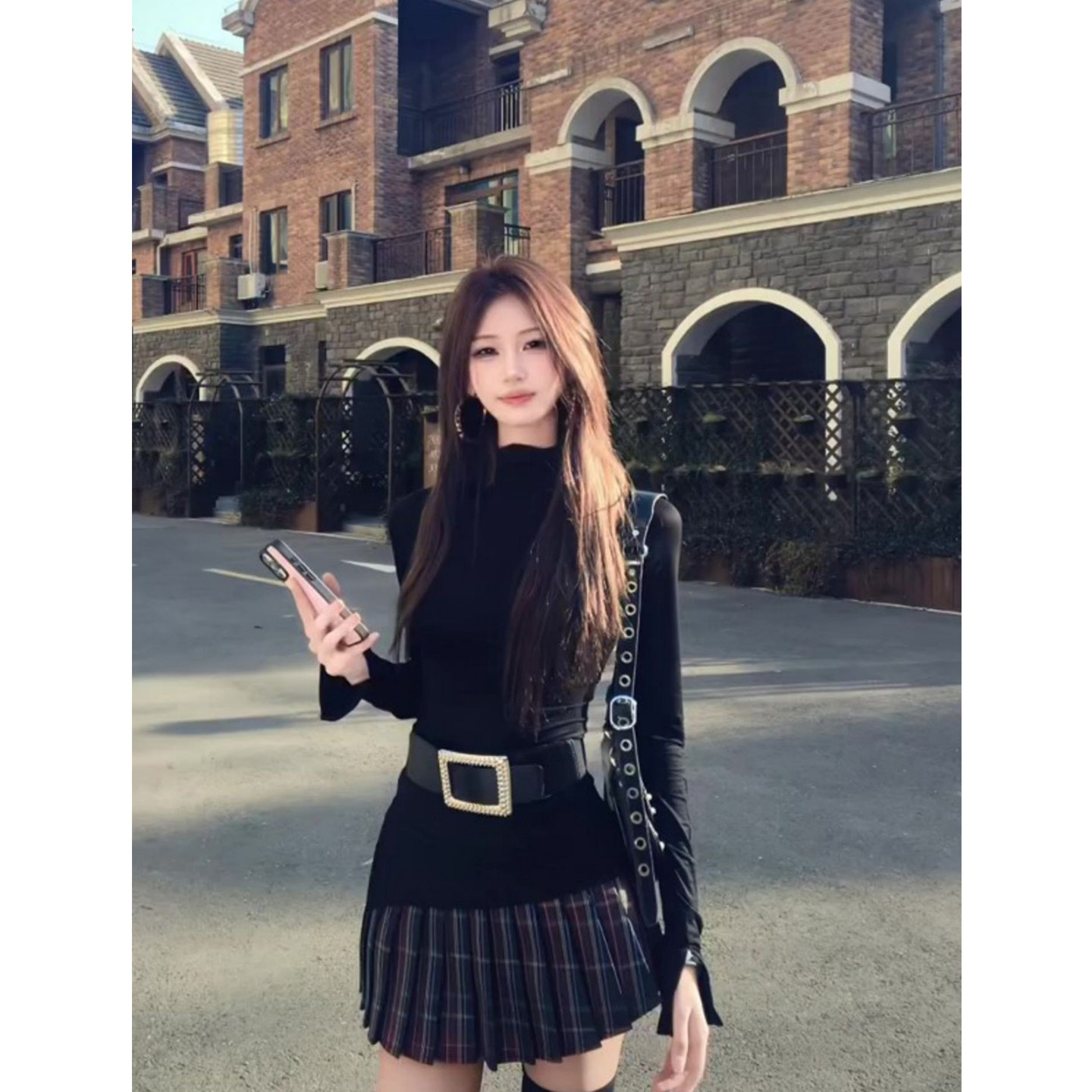 纯欲风小高领修身腰带正肩打底衫上衣女辣妹格纹百褶短裙子两件套,女装/女士精品,时尚套装,淘宝优惠券,粉丝福利购,淘宝优惠卷