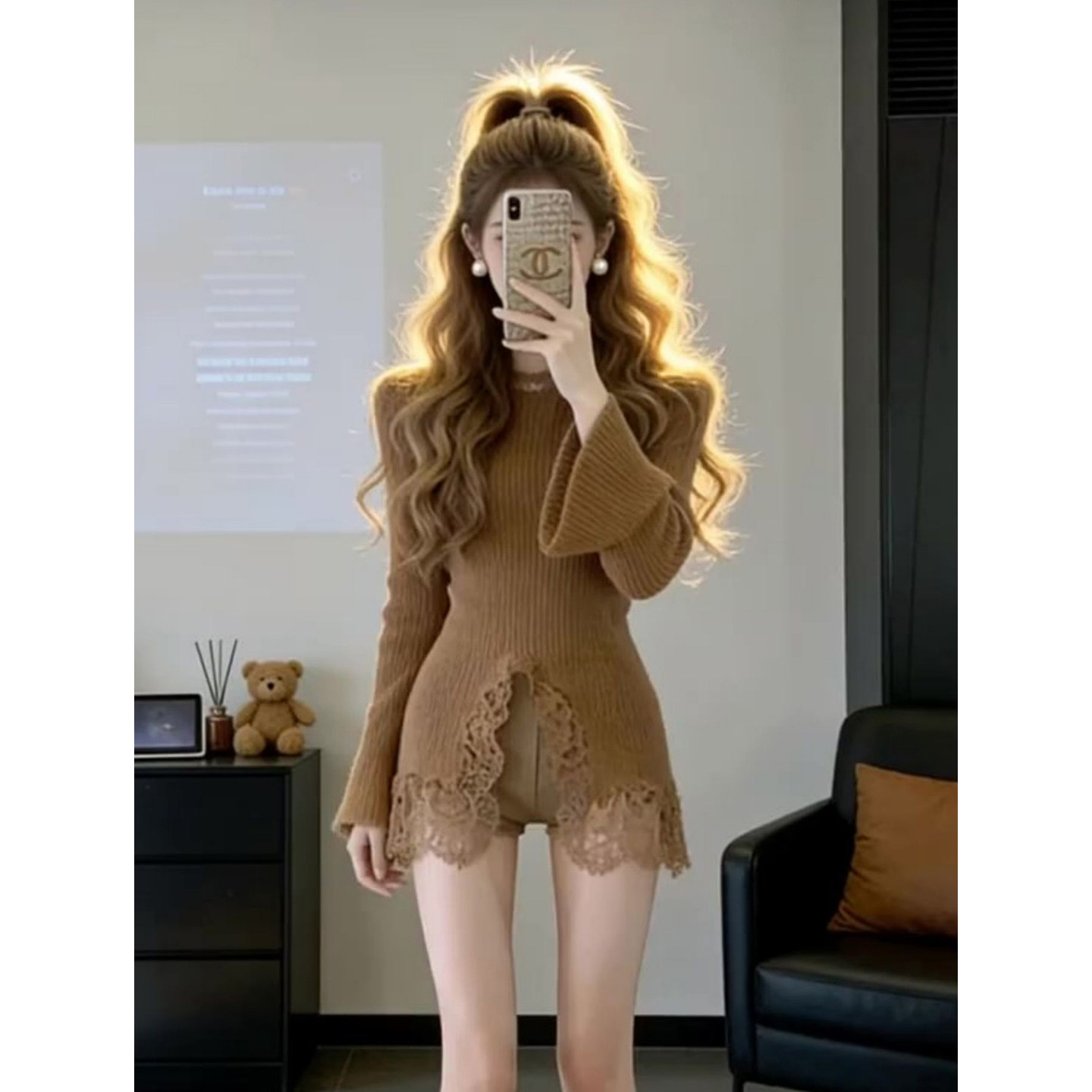 美拉德气质蕾丝拼接长袖针织衫毛衣女修身显瘦减龄百搭短裤两件套,女装/女士精品,时尚套装,淘宝优惠券,粉丝福利购,淘宝优惠卷