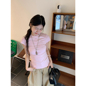 收腰修身 温柔风粉色套头圆领正肩短袖 T恤女2026春夏新款 显瘦上衣