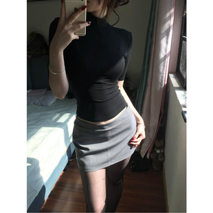 辣妹风修身短款半高领打底中袖上衣女2026新款薄款收腰针织衫T恤