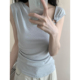 法式 甜辣风不规则绑带圆扣斜肩背心T恤女设计感修身 显瘦百搭上衣