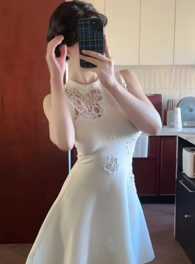 富家千金感白色设计感蕾丝镂空无袖连衣裙女新款收腰显瘦提花短裙