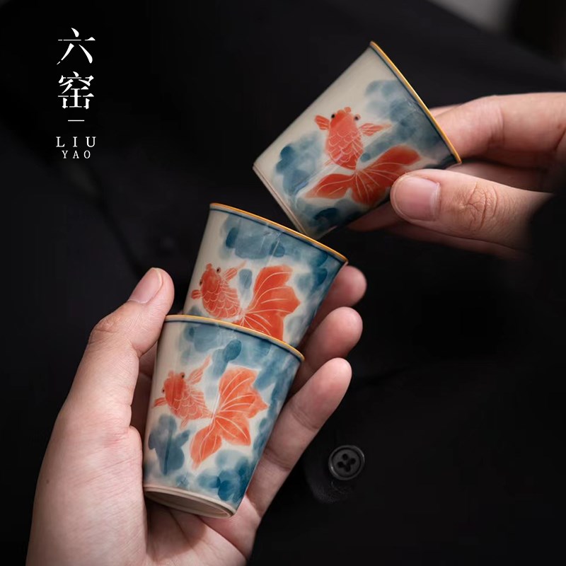 草木灰纯手绘锦鲤鱼功夫茶杯单杯喝茶小杯子茶盏杯品茗杯