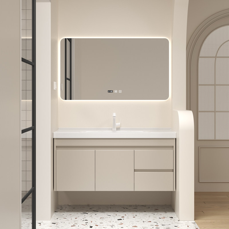 欧罗芬浴室柜奶油风一体陶瓷盆现代洗脸洗手盆柜洗漱台