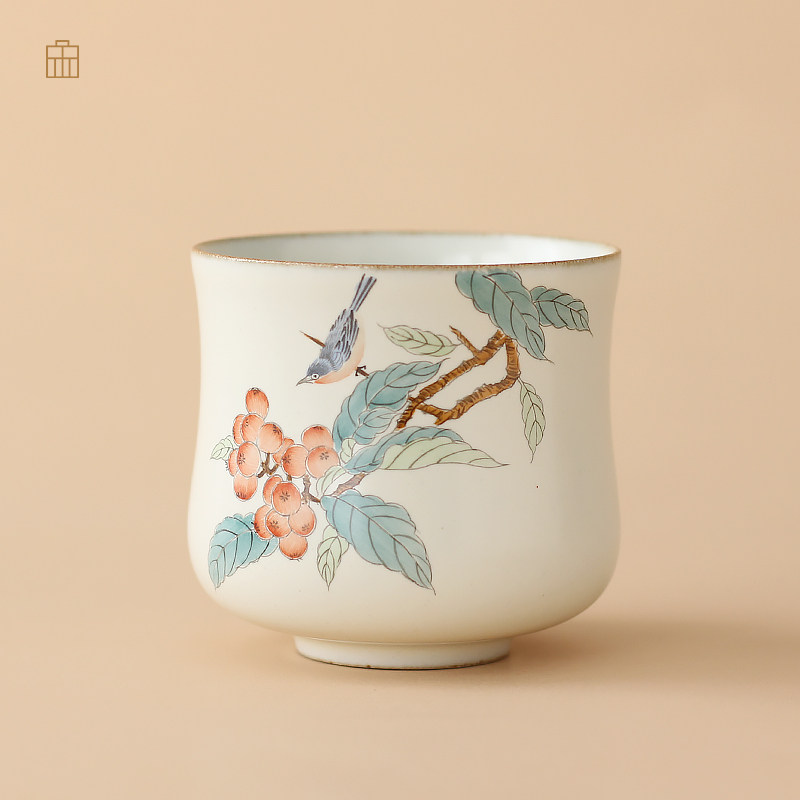 宋觅手绘工笔鸟枇杷汝窑杯单杯片养小茶碗功夫茶杯