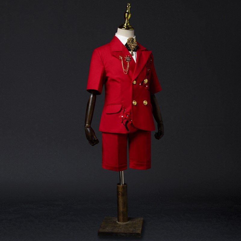 男女童红色西装短袖礼服套装花童礼服男童走秀礼服男女童主持礼服