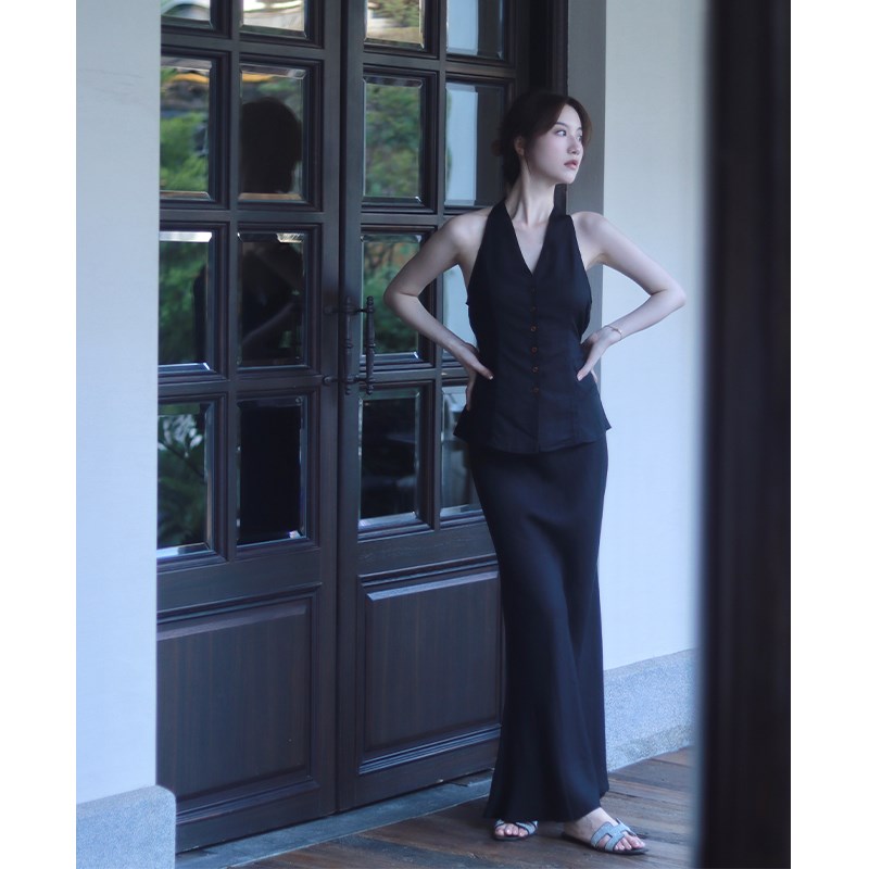 SerioLudere蛋仔很懒 削肩马甲背心上衣百搭摆臀鱼尾半裙黑色套装