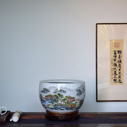 新中式古典陶瓷鱼缸玄关收纳聚宝盆书房电视柜办公室客厅桌面摆件