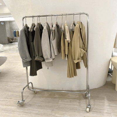 服装店展示架挂衣杆女装店吊架不锈钢带轮子银色中岛落地式陈列架