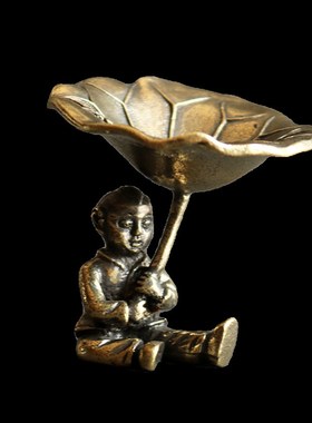 复古实心纯黄铜办公桌面车载小摆件荷叶香托茶宠工艺礼品摆饰手把