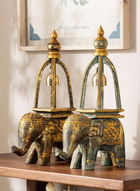 泰国木雕工艺品大象铜铃摆件家居客厅电视酒柜桌面禅意装饰品摆设