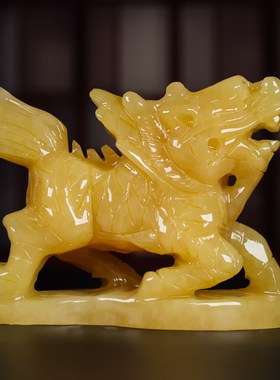 天然黄玉麒麟摆件真玉石雕刻送子麒麟家居玄关店铺公司装饰品摆放