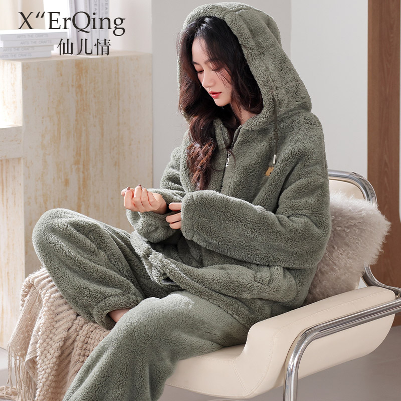 2024新款睡衣女士冬季加厚珊瑚绒连帽可外穿家居服保暖法兰绒套装