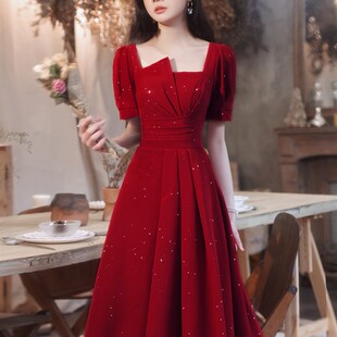 法式 小个子平时可穿 礼服裙2025气质红色方领新娘敬酒结婚回门便装