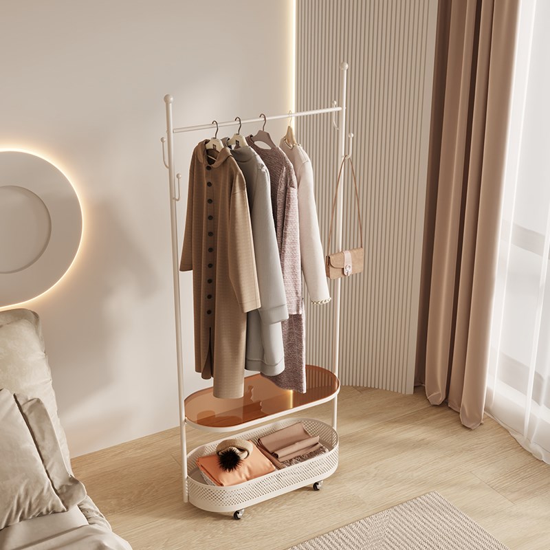 YANASO奶油风网红落地衣架卧室衣帽架可移动创意床头柜挂衣架一体